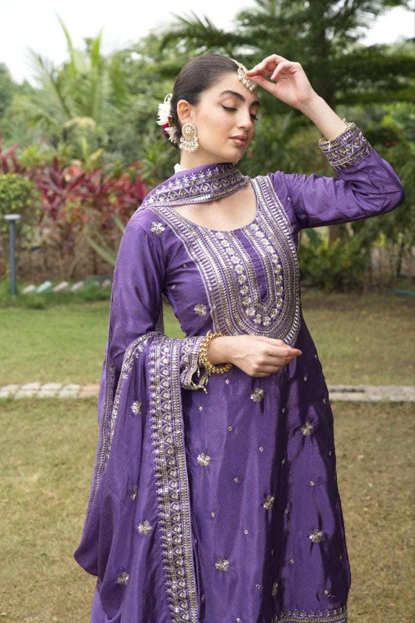 Designer Chinon Embroidered Suit Set | Festive Ethnic Wear Drape Dress