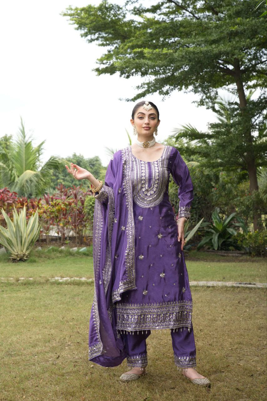 Designer Chinon Embroidered Suit Set | Festive Ethnic Wear Drape Dress