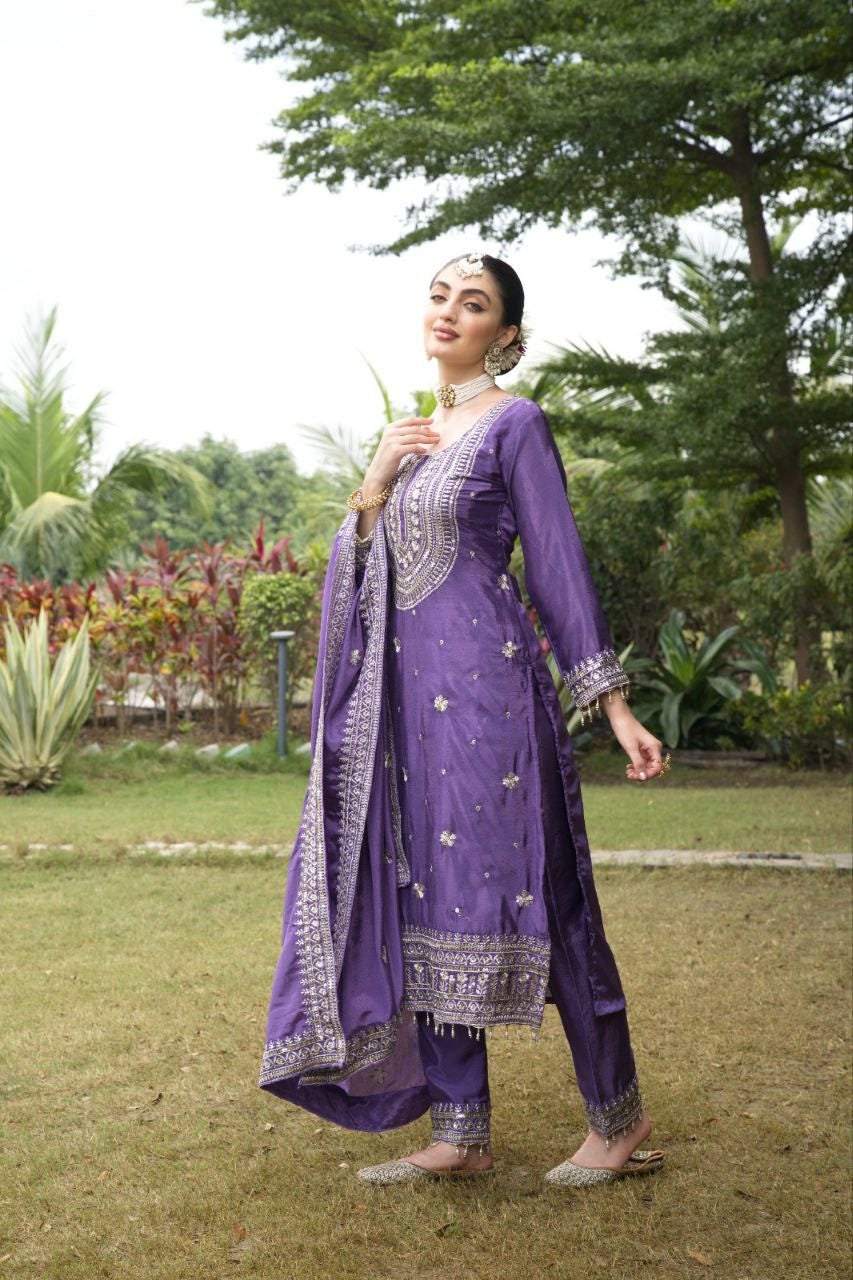 Designer Chinon Embroidered Suit Set | Festive Ethnic Wear Drape Dress