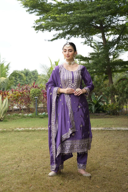 Designer Chinon Embroidered Suit Set | Festive Ethnic Wear Drape Dress