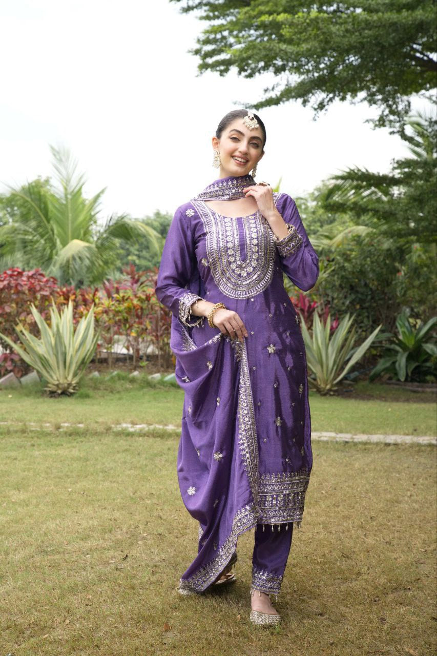 Designer Chinon Embroidered Suit Set | Festive Ethnic Wear Drape Dress
