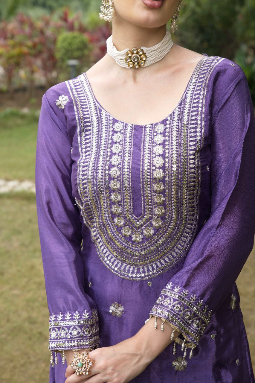 Designer Chinon Embroidered Suit Set | Festive Ethnic Wear Drape Dress