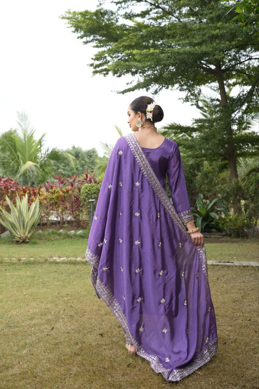 Designer Chinon Embroidered Suit Set | Festive Ethnic Wear Drape Dress