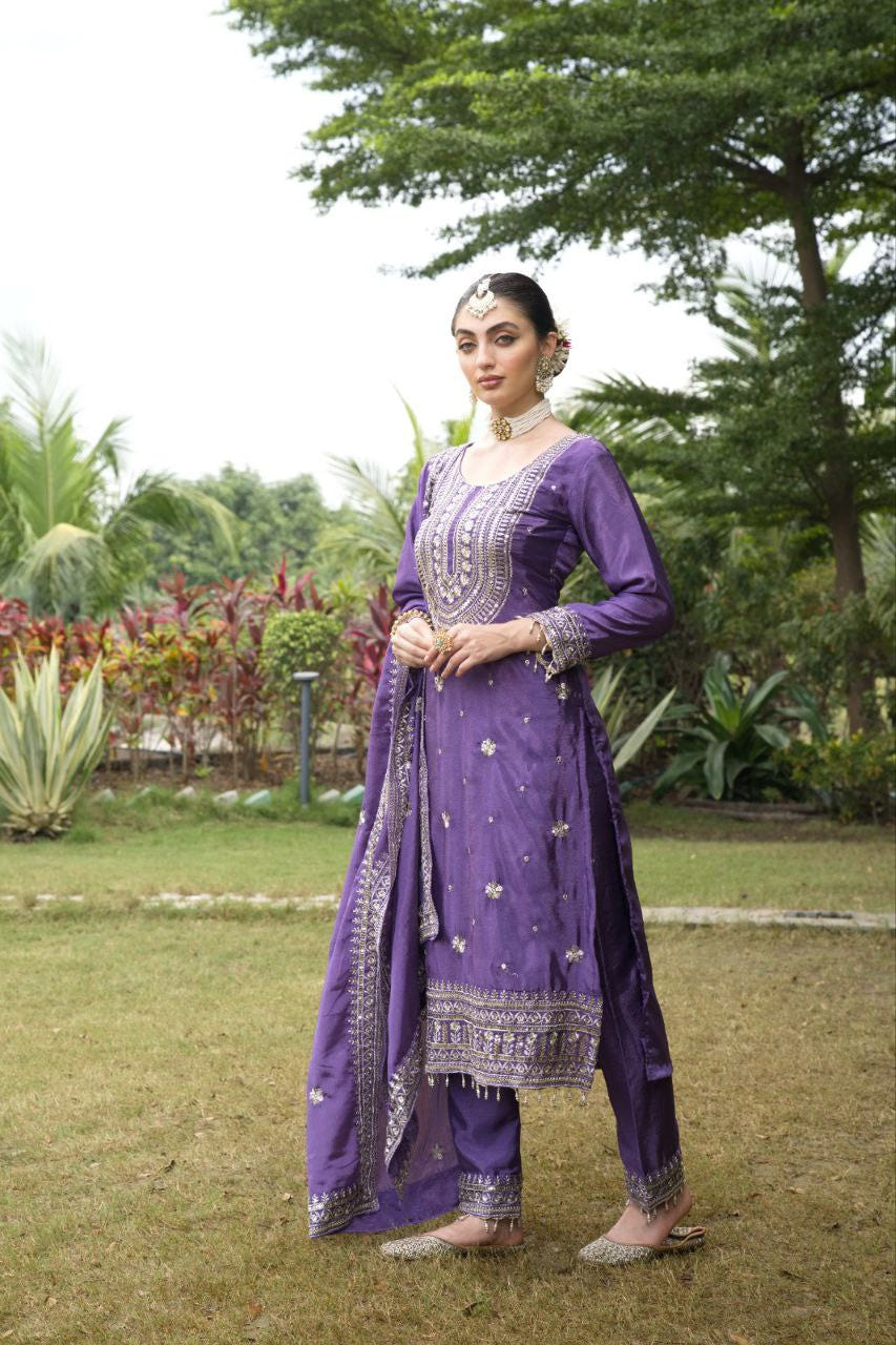 Designer Chinon Embroidered Suit Set | Festive Ethnic Wear Drape Dress