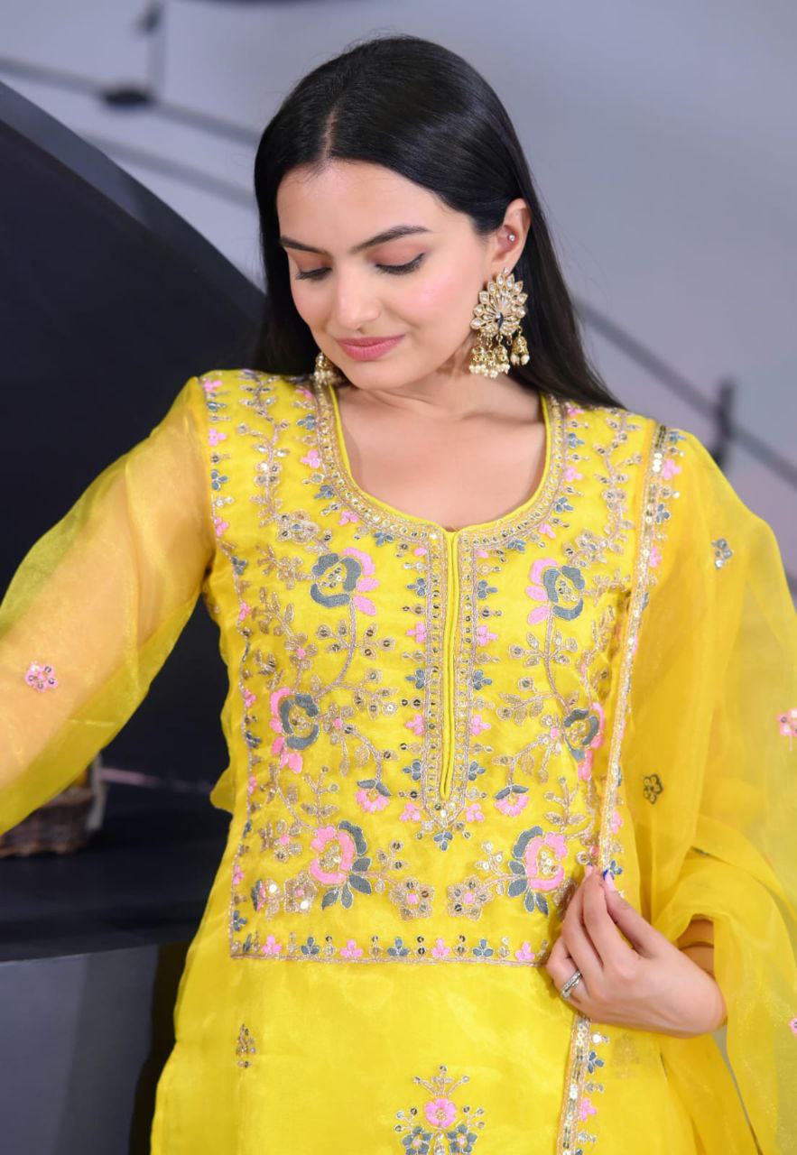 Designer Organza Embroidered Suit Set | Festive Ethnic Wear Drape Dress