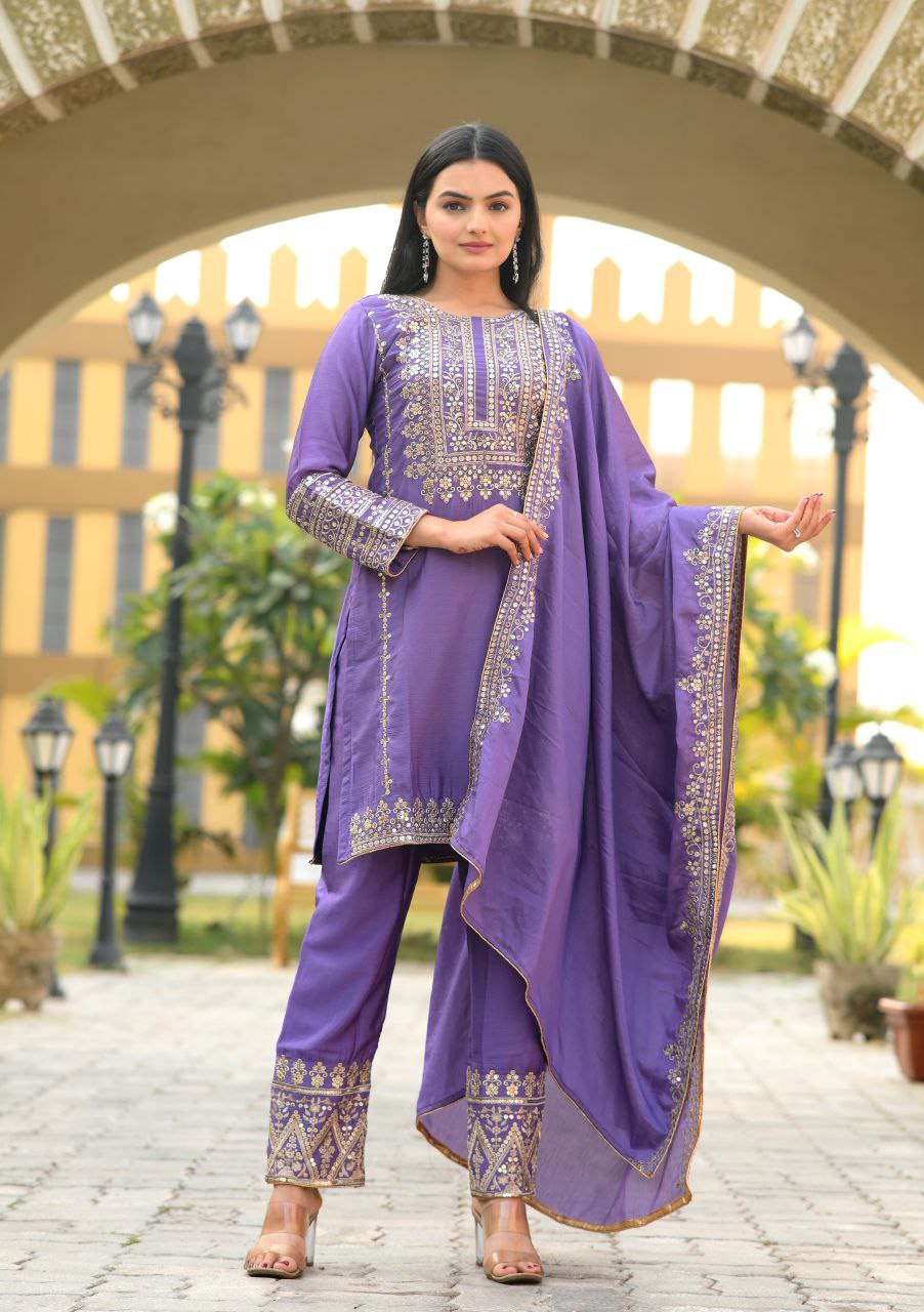 Designer Chinon Sequin Embroidered Salwar Suit | Party Wear Drape Dress