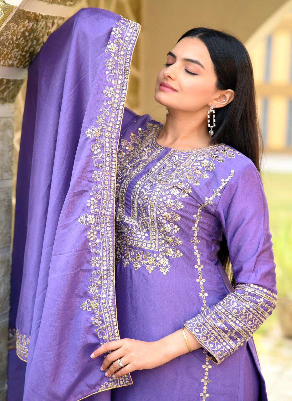 Designer Chinon Sequin Embroidered Salwar Suit | Party Wear Drape Dress