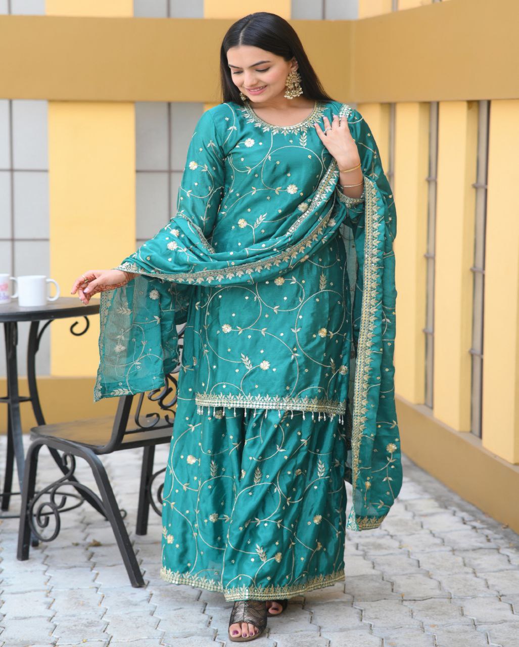 Designer Chinon Sequin-Embroidered Suit | Party-Ready Salwar Kameez Drape Dress