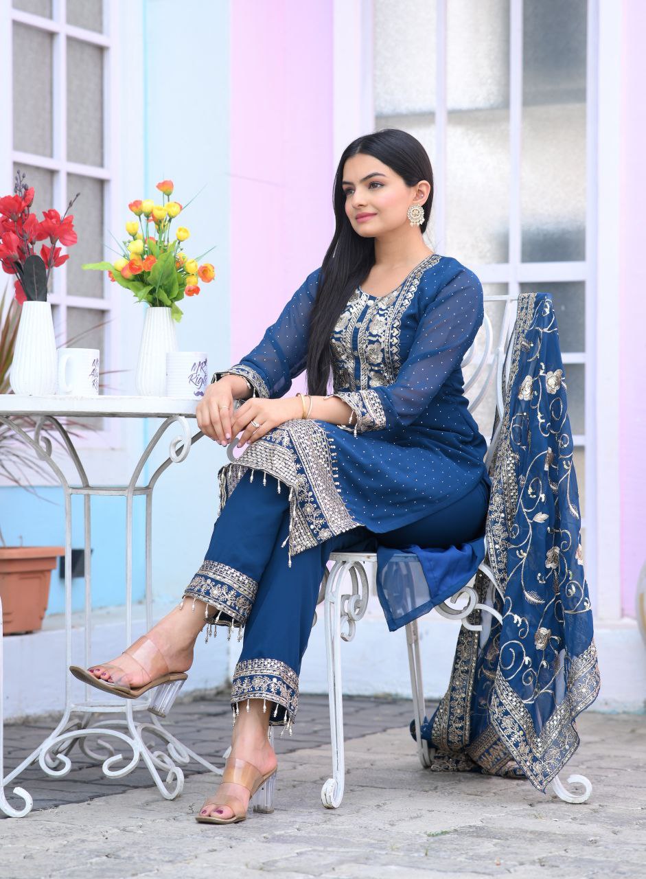 Fox Georgette Designer Embroidered Stone-Work Suit | Party Wear Salwar Kameez Drape Dress