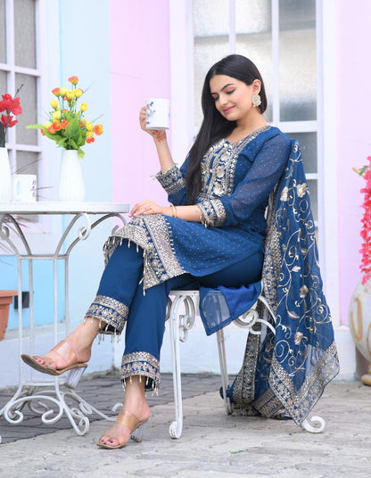 Fox Georgette Designer Embroidered Stone-Work Suit | Party Wear Salwar Kameez Drape Dress