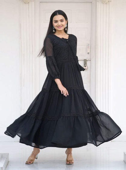 Designer Fox Georgette Embroidered Gown | Party Wear Dress Drape Dress