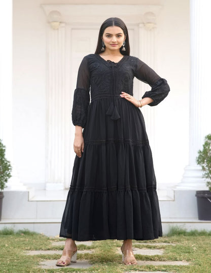 Designer Fox Georgette Embroidered Gown | Party Wear Dress Drape Dress