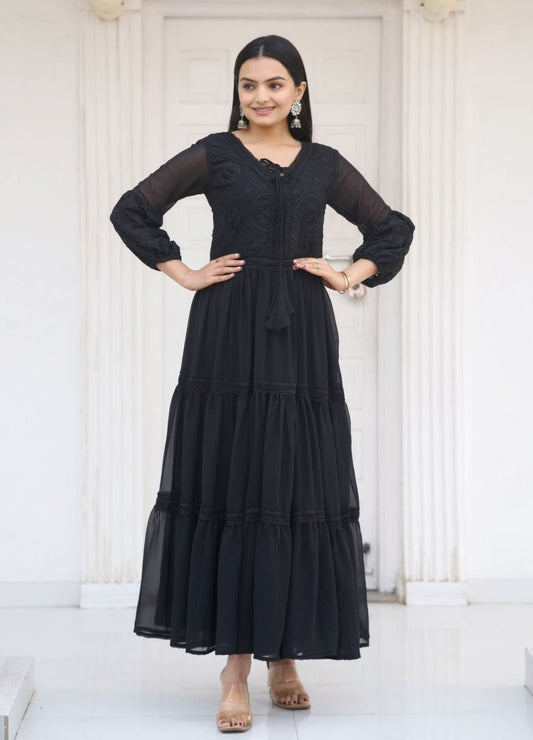 Designer Fox Georgette Embroidered Gown | Party Wear Dress Drape Dress