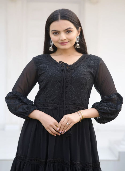 Designer Fox Georgette Embroidered Gown | Party Wear Dress Drape Dress