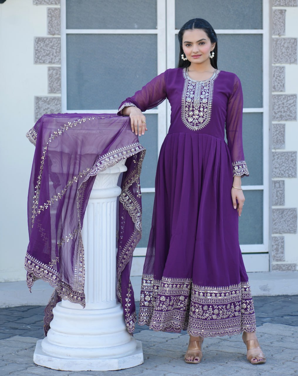 Designer Embroidered Gown with Coding Sequin Work | Party-Wear Evening Dress Drape Dress