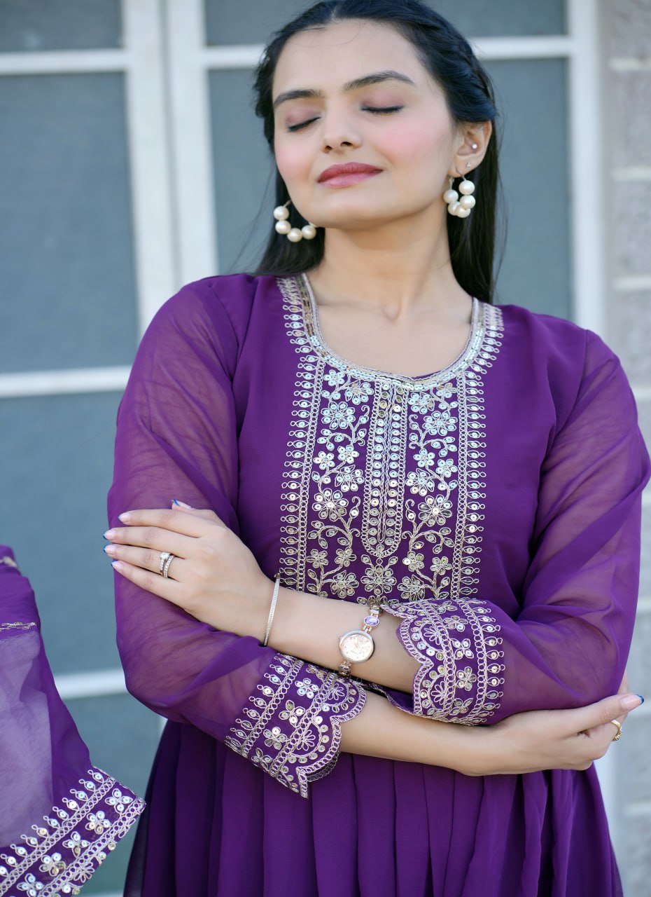 Designer Embroidered Gown with Coding Sequin Work | Party-Wear Evening Dress Drape Dress