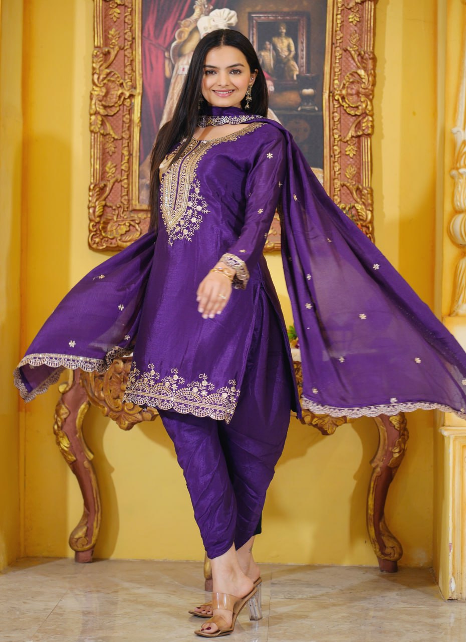 Designer Chinon Dhoti Suit | Sequin Embroidered Party Wear Drape Dress