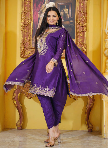 Designer Chinon Dhoti Suit | Sequin Embroidered Party Wear Drape Dress