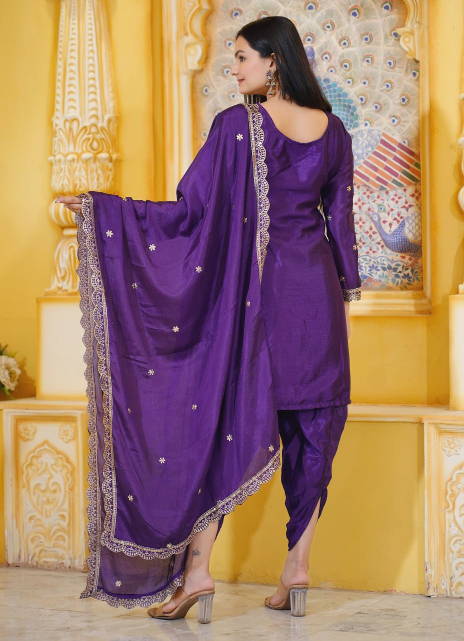 Designer Chinon Dhoti Suit | Sequin Embroidered Party Wear Drape Dress