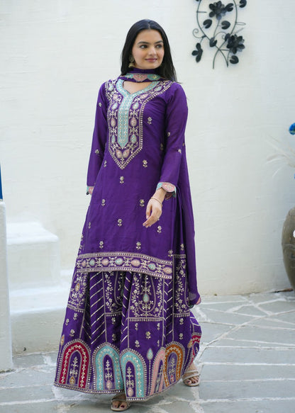 Chinon Sequin-Embroidered Designer Suit | Party-Wear Salwar Kameez Drape Dress