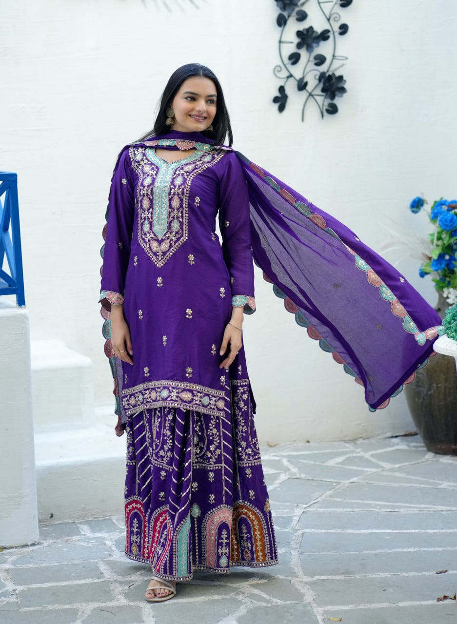 Chinon Sequin-Embroidered Designer Suit | Party-Wear Salwar Kameez Drape Dress