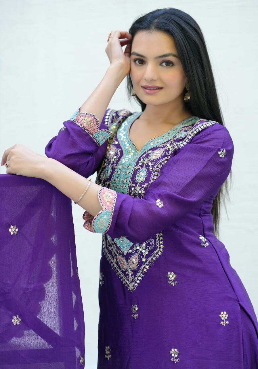 Chinon Sequin-Embroidered Designer Suit | Party-Wear Salwar Kameez Drape Dress