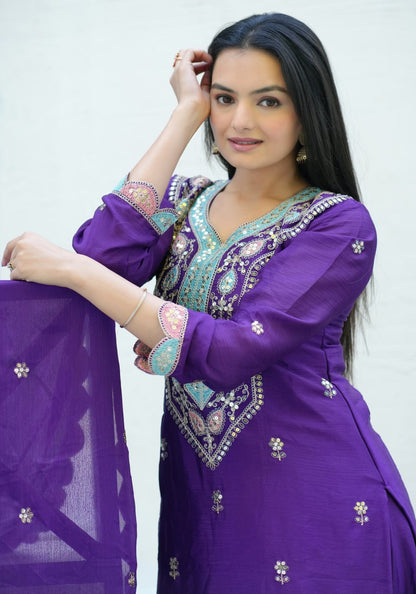 Chinon Sequin-Embroidered Designer Suit | Party-Wear Salwar Kameez Drape Dress