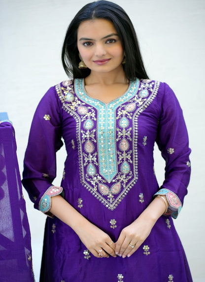 Chinon Sequin-Embroidered Designer Suit | Party-Wear Salwar Kameez Drape Dress