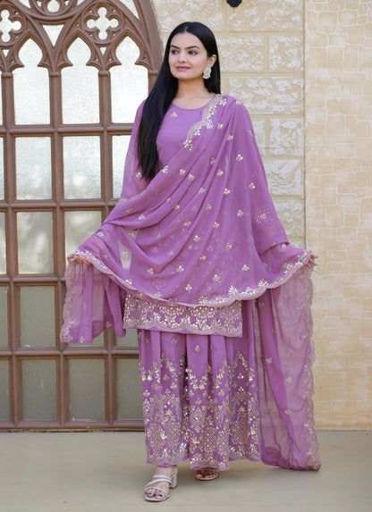 Designer Fox Georgette Sequin-Embroidered Sharara Suit | Party Wear Drape Dress