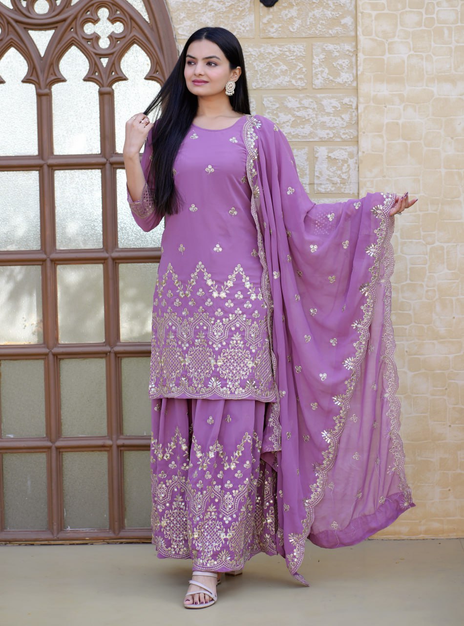 Designer Fox Georgette Sequin-Embroidered Sharara Suit | Party Wear Drape Dress