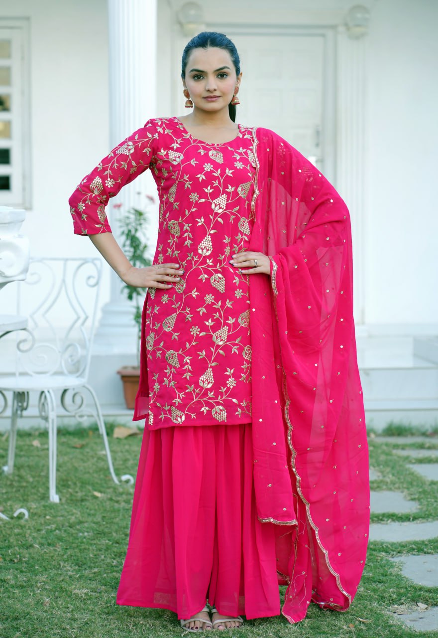 Designer Fox Georgette Sequin-Embroidered Sharara Suit | Latest Party Wear Drape Dress