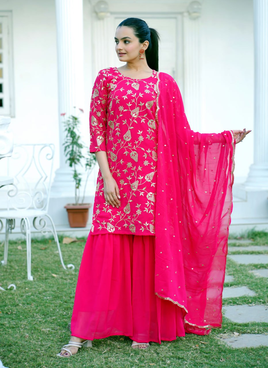 Designer Fox Georgette Sequin-Embroidered Sharara Suit | Latest Party Wear Drape Dress