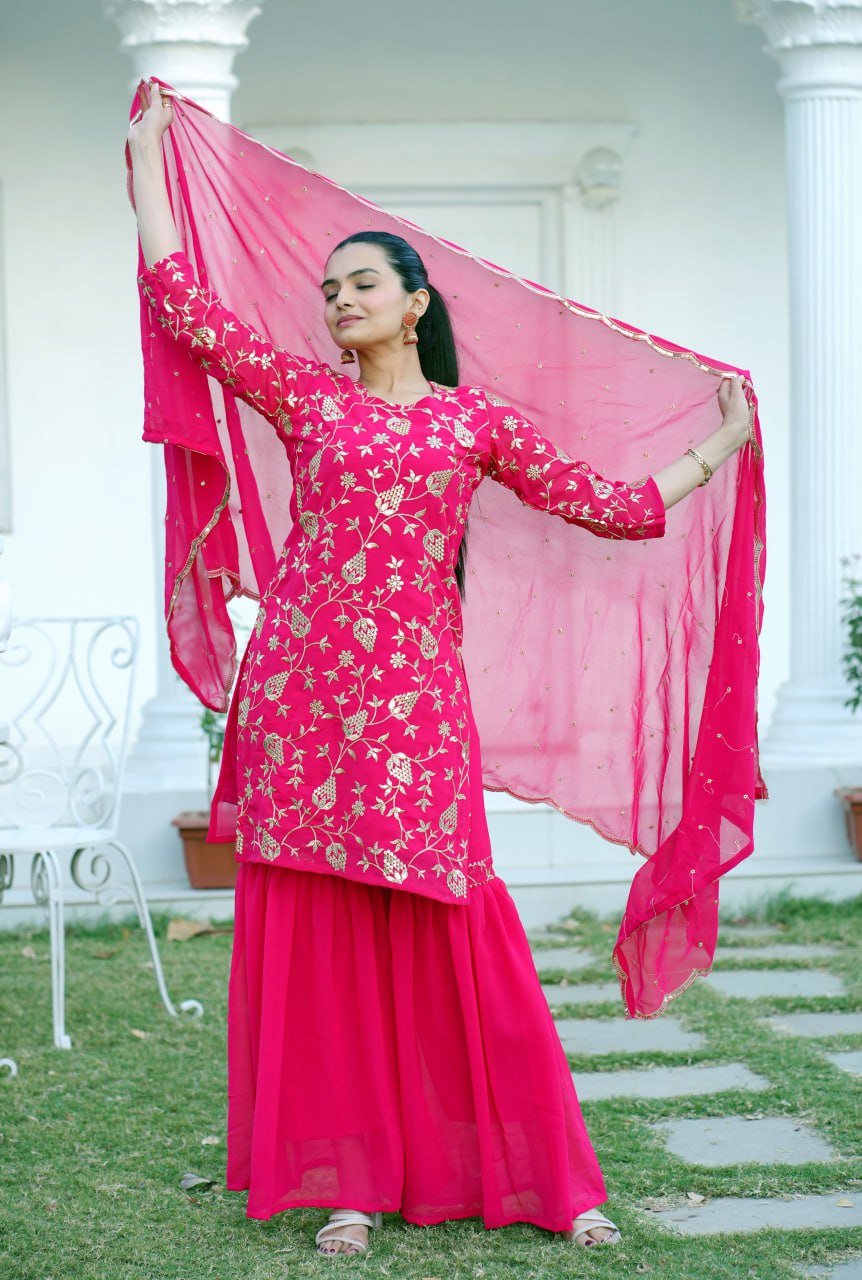 Designer Fox Georgette Sequin-Embroidered Sharara Suit | Latest Party Wear Drape Dress