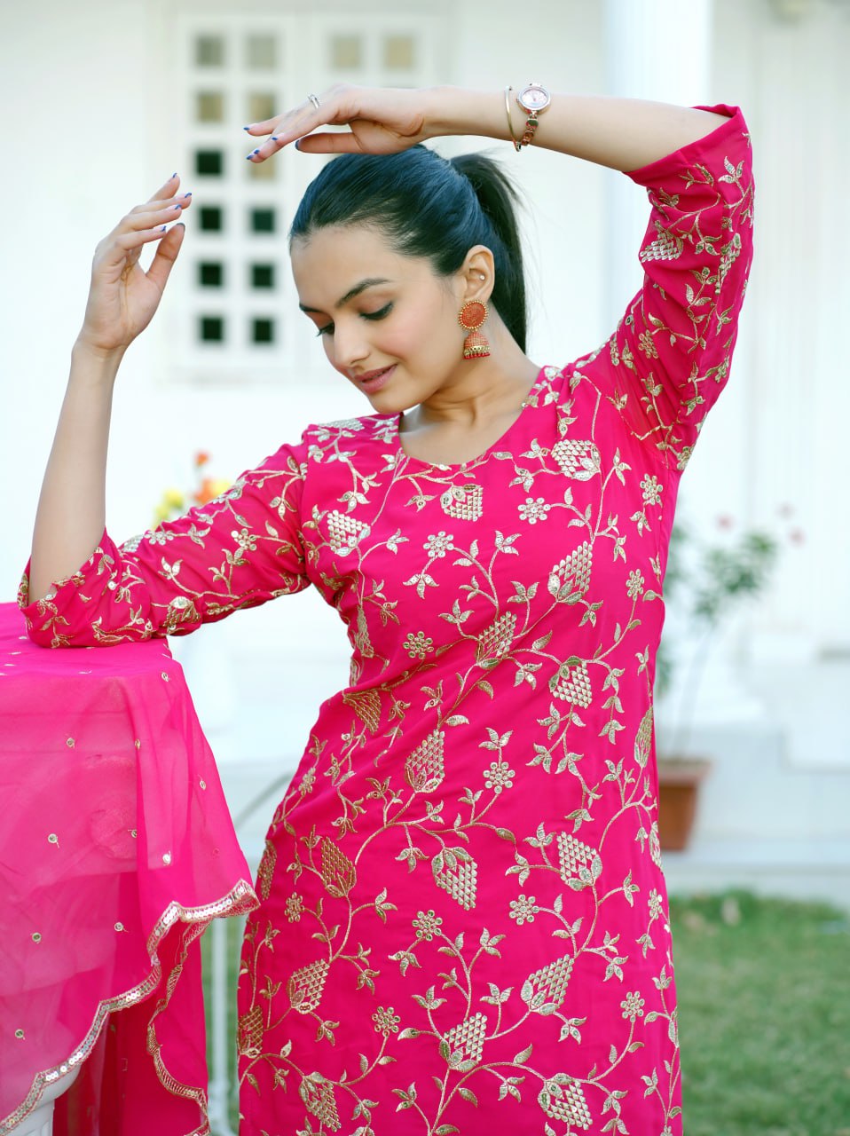 Designer Fox Georgette Sequin-Embroidered Sharara Suit | Latest Party Wear Drape Dress