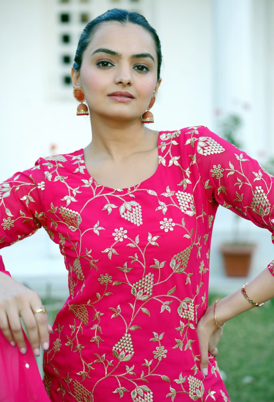 Designer Fox Georgette Sequin-Embroidered Sharara Suit | Latest Party Wear Drape Dress