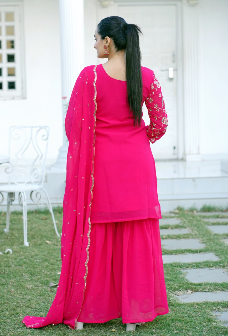 Designer Fox Georgette Sequin-Embroidered Sharara Suit | Latest Party Wear Drape Dress