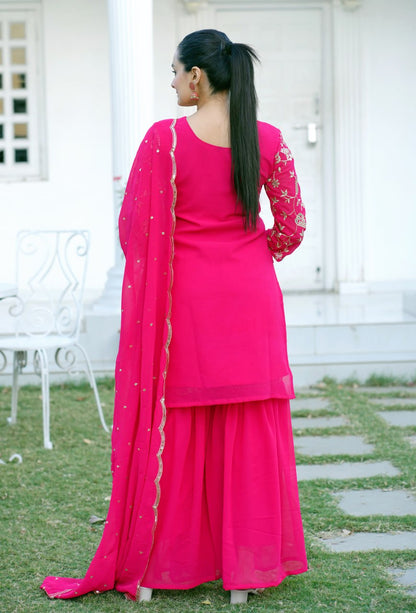 Designer Fox Georgette Sequin-Embroidered Sharara Suit | Latest Party Wear Drape Dress