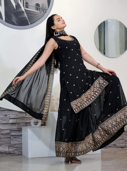 Designer Fox Georgette Sequin-Embroidered Sharara Suit | Party Wear Drape Dress