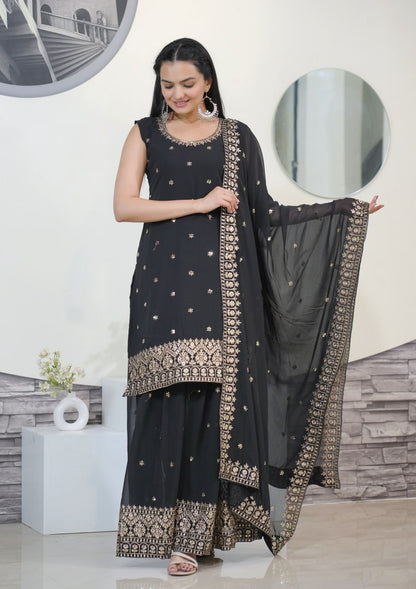 Designer Fox Georgette Sequin-Embroidered Sharara Suit | Party Wear Drape Dress