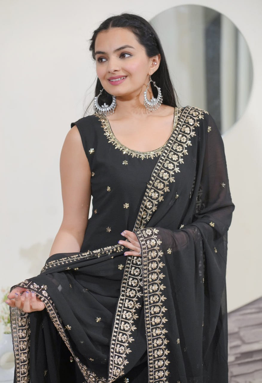 Designer Fox Georgette Sequin-Embroidered Sharara Suit | Party Wear Drape Dress