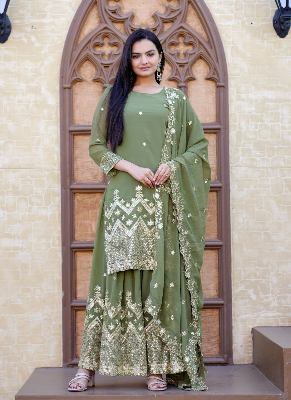 Fox Georgette Sharara Suit with Sequin Embroidery | Festive Designer Outfit Drape Dress