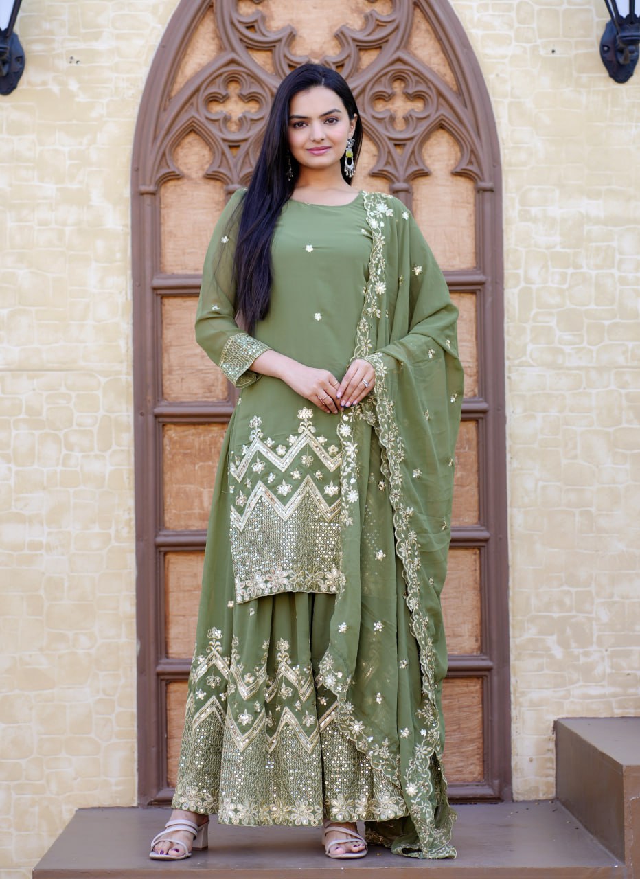 Fox Georgette Sharara Suit with Sequin Embroidery | Festive Designer Outfit Drape Dress