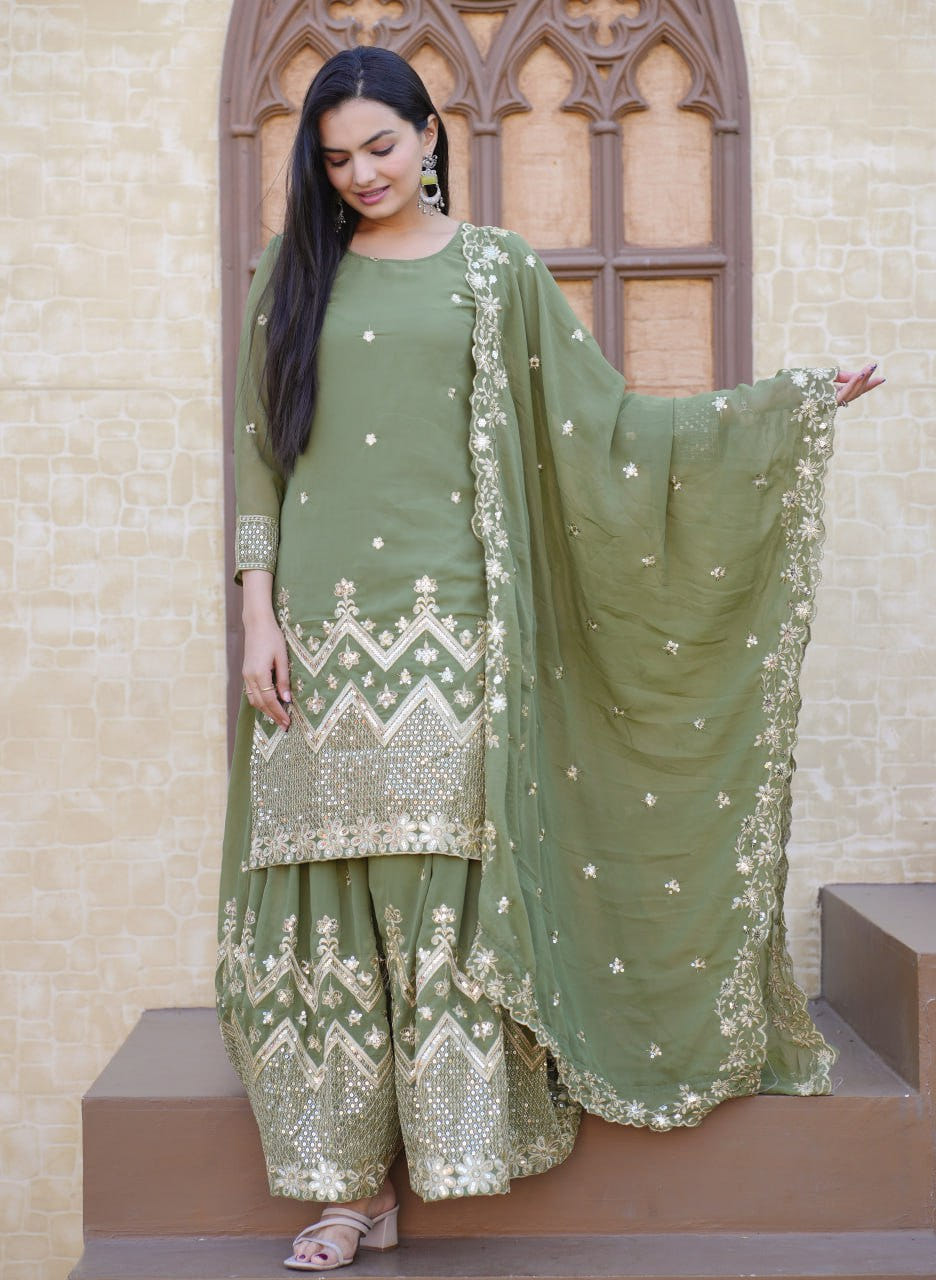 Fox Georgette Sharara Suit with Sequin Embroidery | Festive Designer Outfit Drape Dress