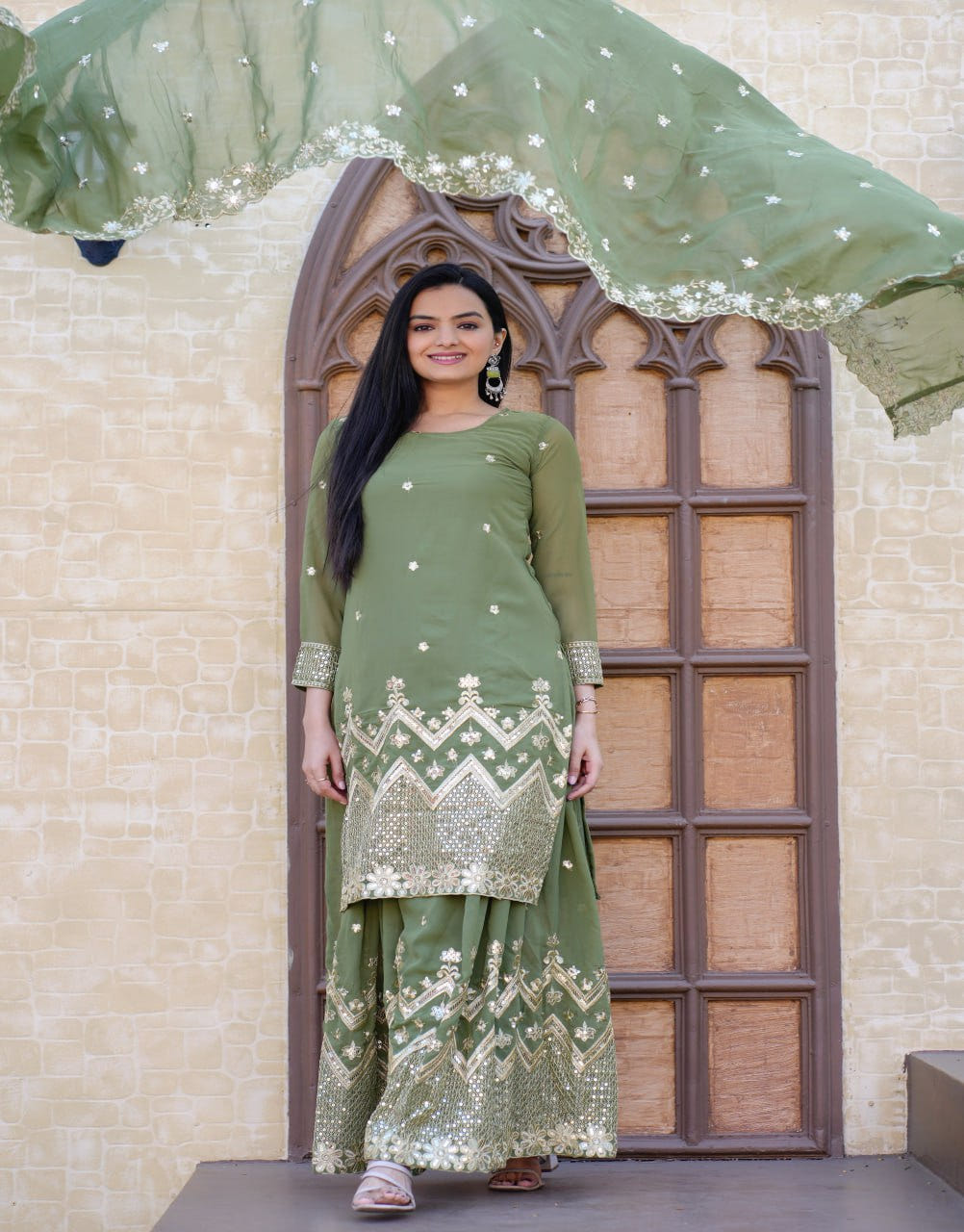 Fox Georgette Sharara Suit with Sequin Embroidery | Festive Designer Outfit Drape Dress