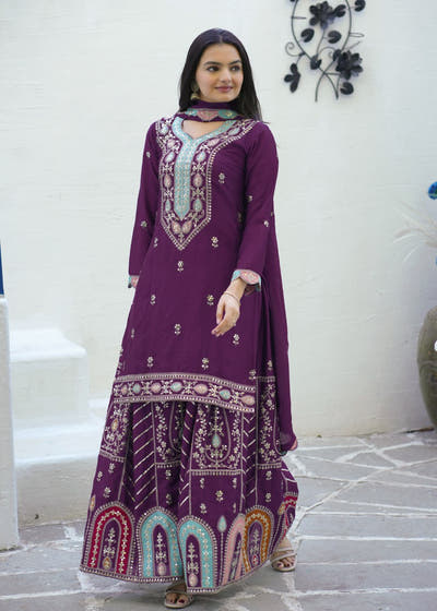 Chinon Sequin-Embroidered Designer Suit | Party-Wear Salwar Kameez Drape Dress