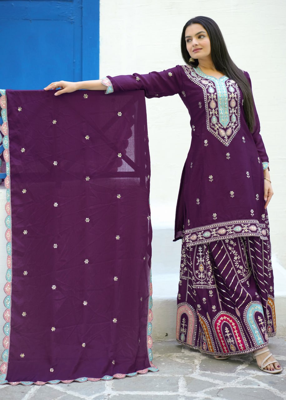 Chinon Sequin-Embroidered Designer Suit | Party-Wear Salwar Kameez Drape Dress
