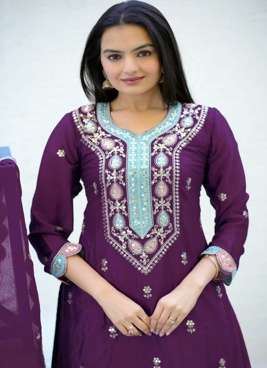 Chinon Sequin-Embroidered Designer Suit | Party-Wear Salwar Kameez Drape Dress