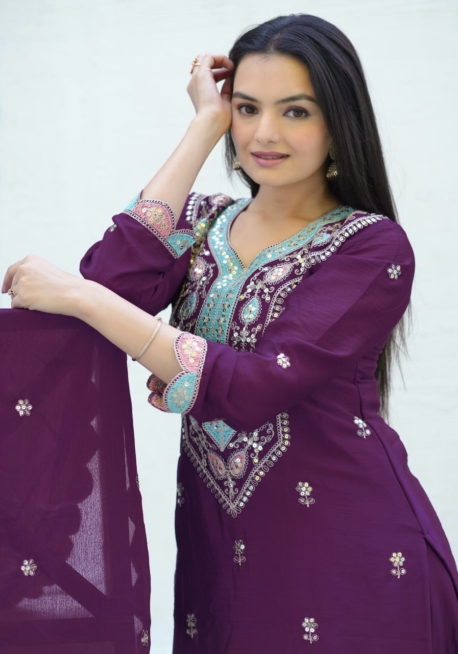 Chinon Sequin-Embroidered Designer Suit | Party-Wear Salwar Kameez Drape Dress