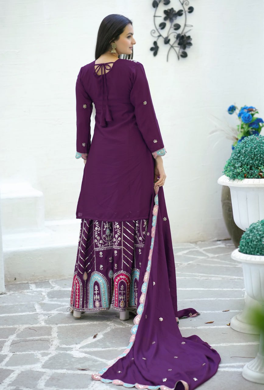 Chinon Sequin-Embroidered Designer Suit | Party-Wear Salwar Kameez Drape Dress