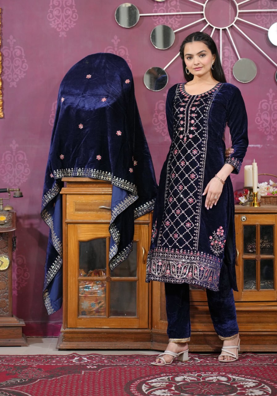 Luxury Velvet Sequin-Embroidered Suit | Premium Party Wear Drape Dress